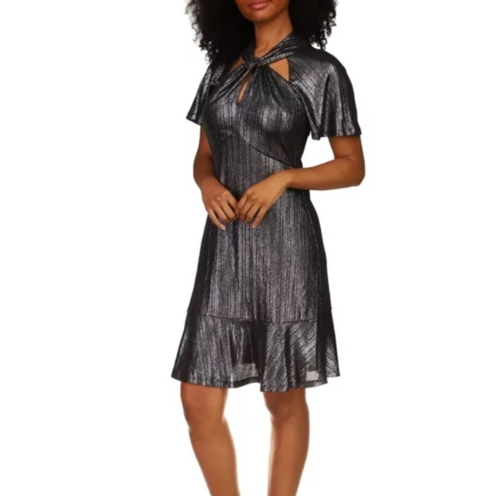 MICHAEL KORS Holiday Metallic glitter Twist Front Flutter Sleeve Flare Dress